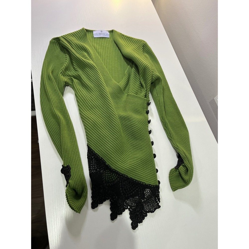 Melony‎ New York Green Ribbed Knit Top - Lace Trim - Flawed/TLC Fine Merino Wool